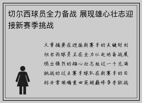 切尔西球员全力备战 展现雄心壮志迎接新赛季挑战