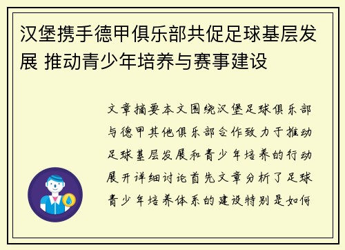 汉堡携手德甲俱乐部共促足球基层发展 推动青少年培养与赛事建设