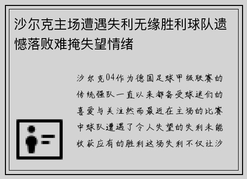 沙尔克主场遭遇失利无缘胜利球队遗憾落败难掩失望情绪