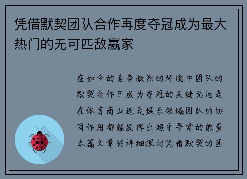 凭借默契团队合作再度夺冠成为最大热门的无可匹敌赢家