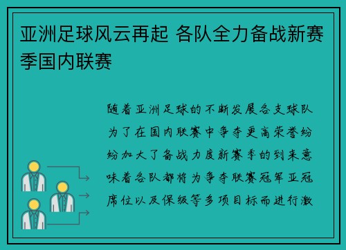亚洲足球风云再起 各队全力备战新赛季国内联赛