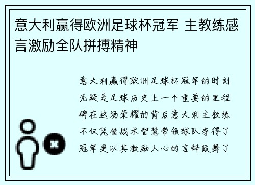 意大利赢得欧洲足球杯冠军 主教练感言激励全队拼搏精神