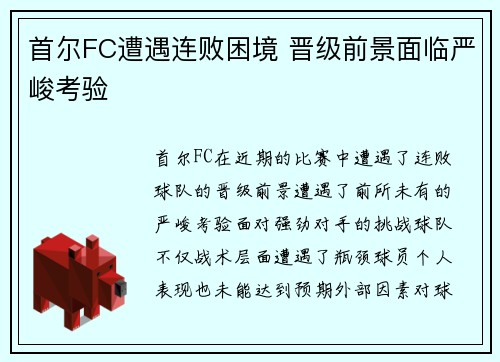 首尔FC遭遇连败困境 晋级前景面临严峻考验