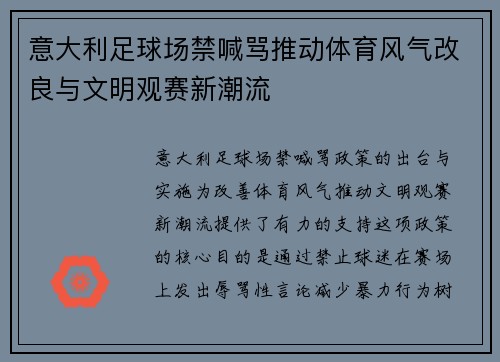 意大利足球场禁喊骂推动体育风气改良与文明观赛新潮流